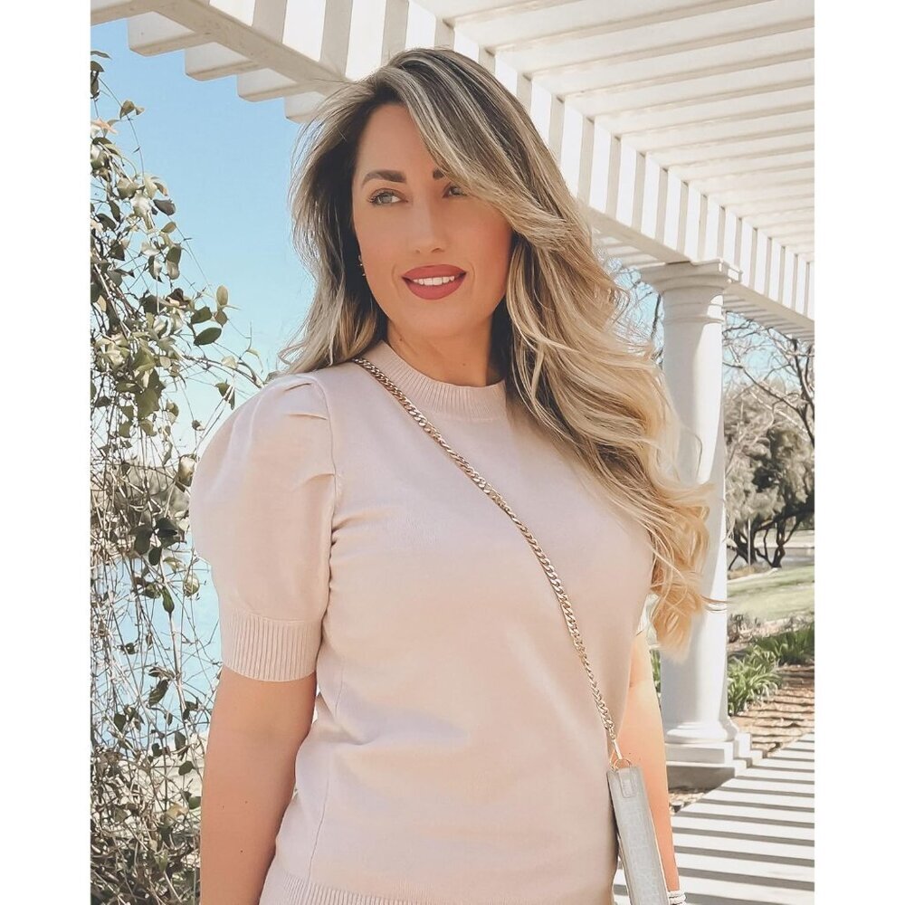 Women's Puff Short Sleeve Sweater Tops 2025 Summer Fall Trendy Knit Crew Neck Ca - Picture 5 of 6